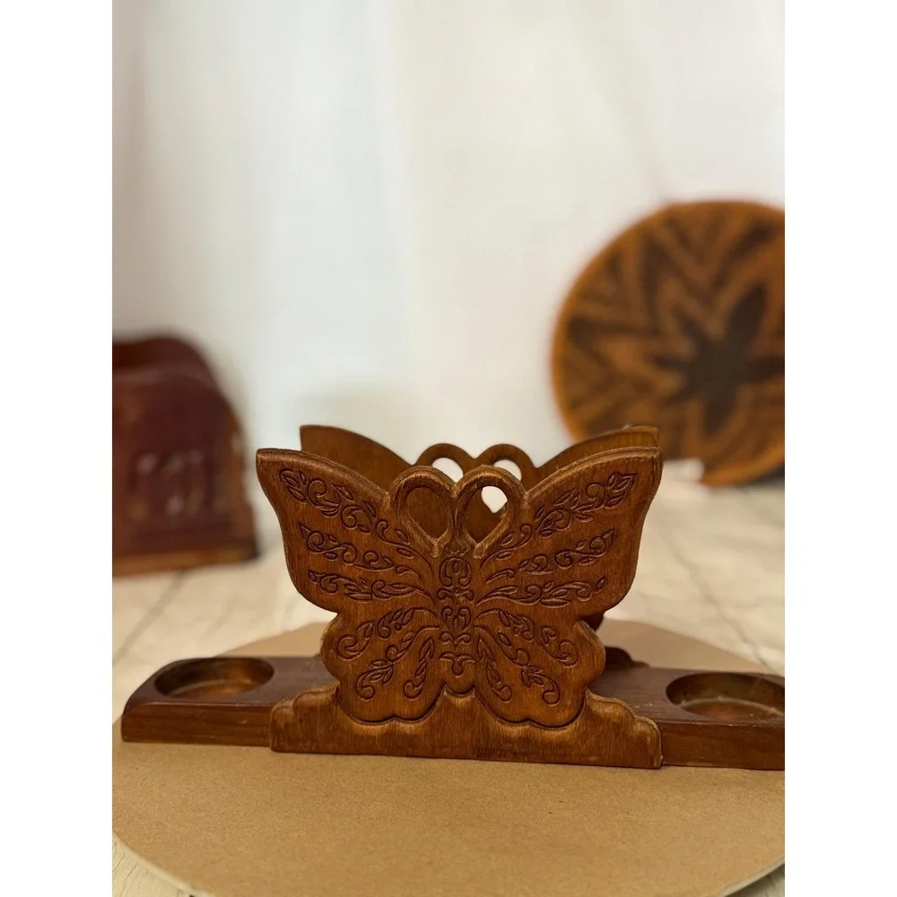 Vintage carved wooden butterfly napkin holder